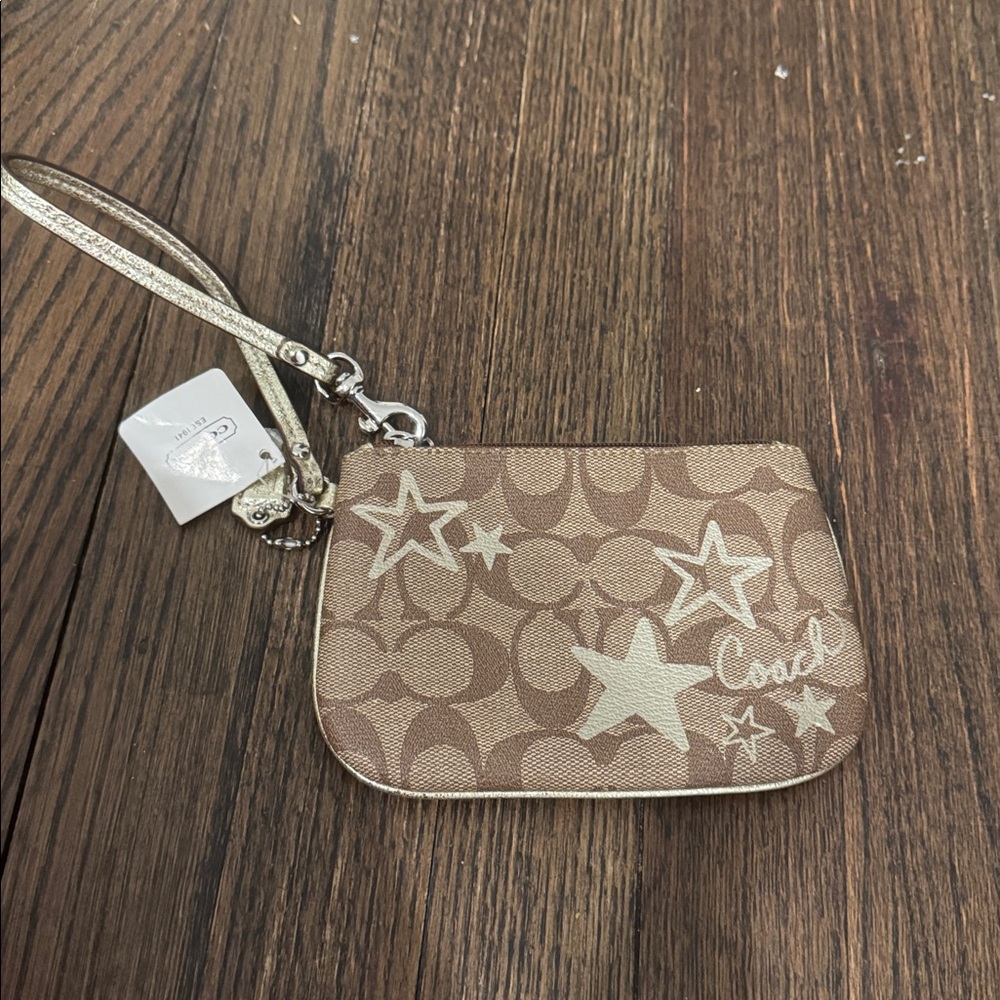Coach Tan Signature Canvas Wristlet with Gold Trim
